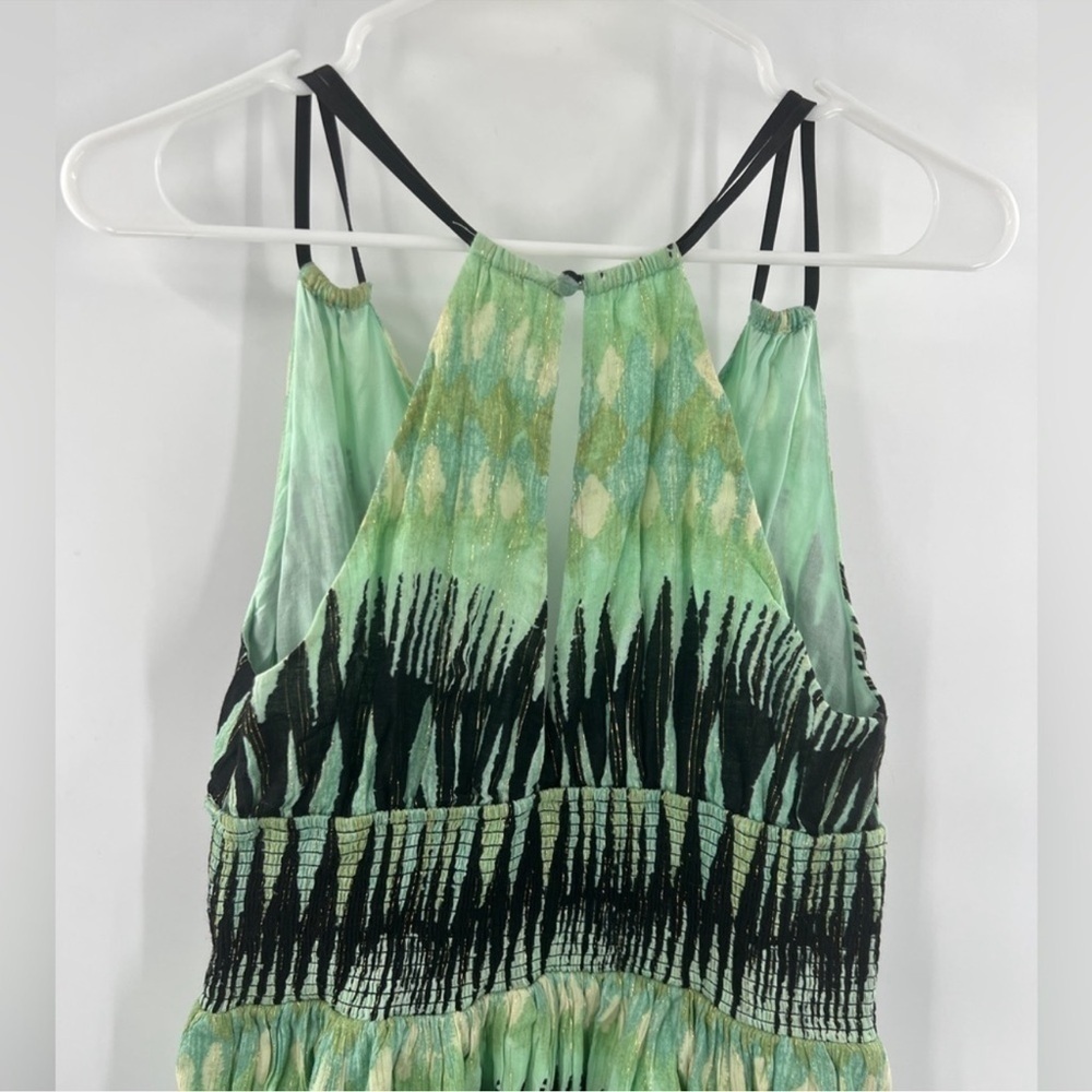 Free People Indian Summer Green Black Ikat Lurex Mini Dress Size S Smocked - Picture 6 of 10